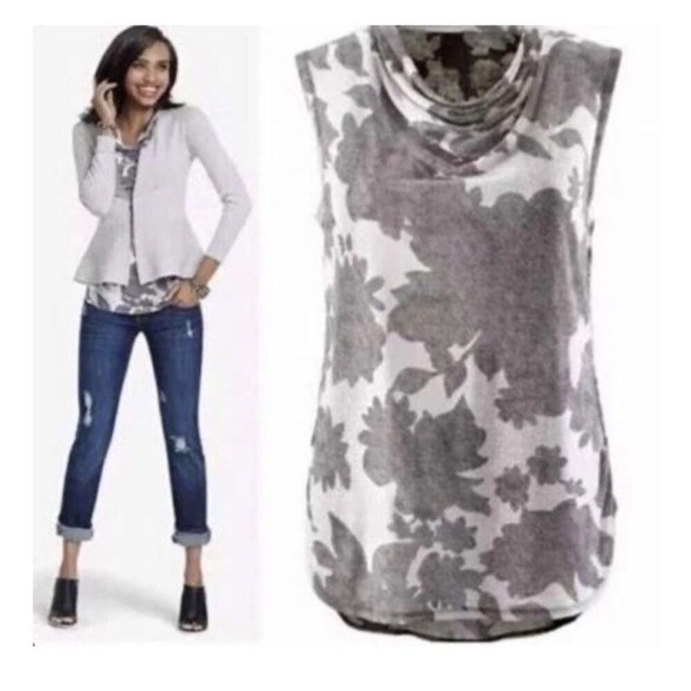 CAbi Tango Tank Top S Gray White Floral Cowl Neck Sleeveless Blouse 3057 CL